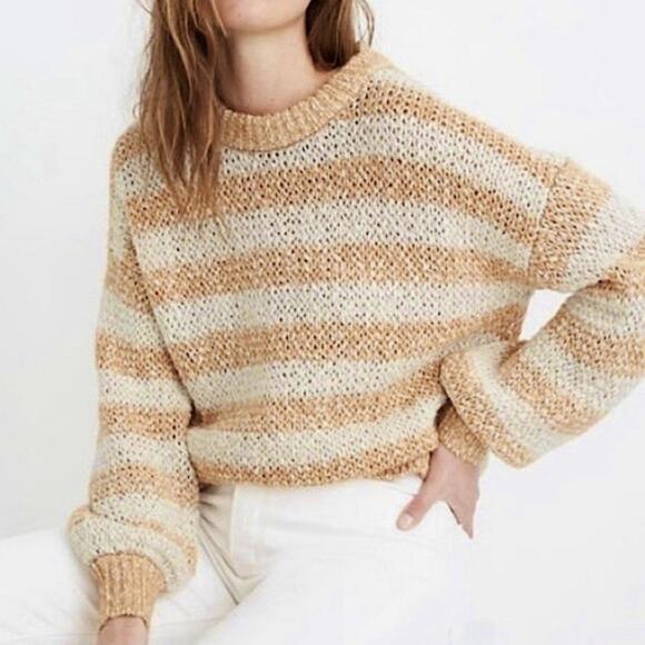 Madewell Sweaters - Madewell Baez Pullover Sweater XS Striped Orange Cream Knit Striped Long Sleeve